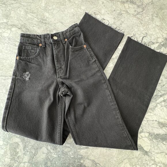 Zara Denim - ZARA Denim High Rise Wide Flare Leg Frayed Hem Ripped Jeans Black Size 0